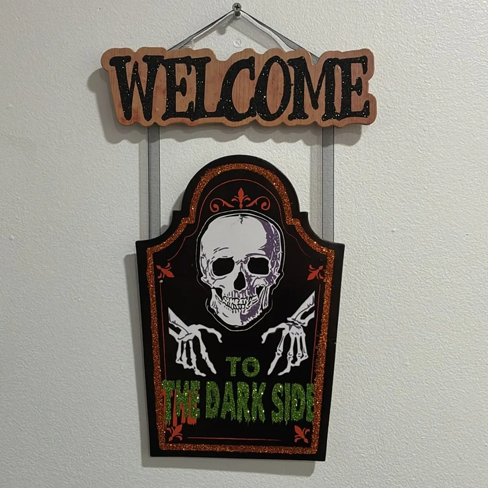 NWT-WELCOME- To The Dark Side- Glittered Wooden Tombstone Sign w/ Skeleton